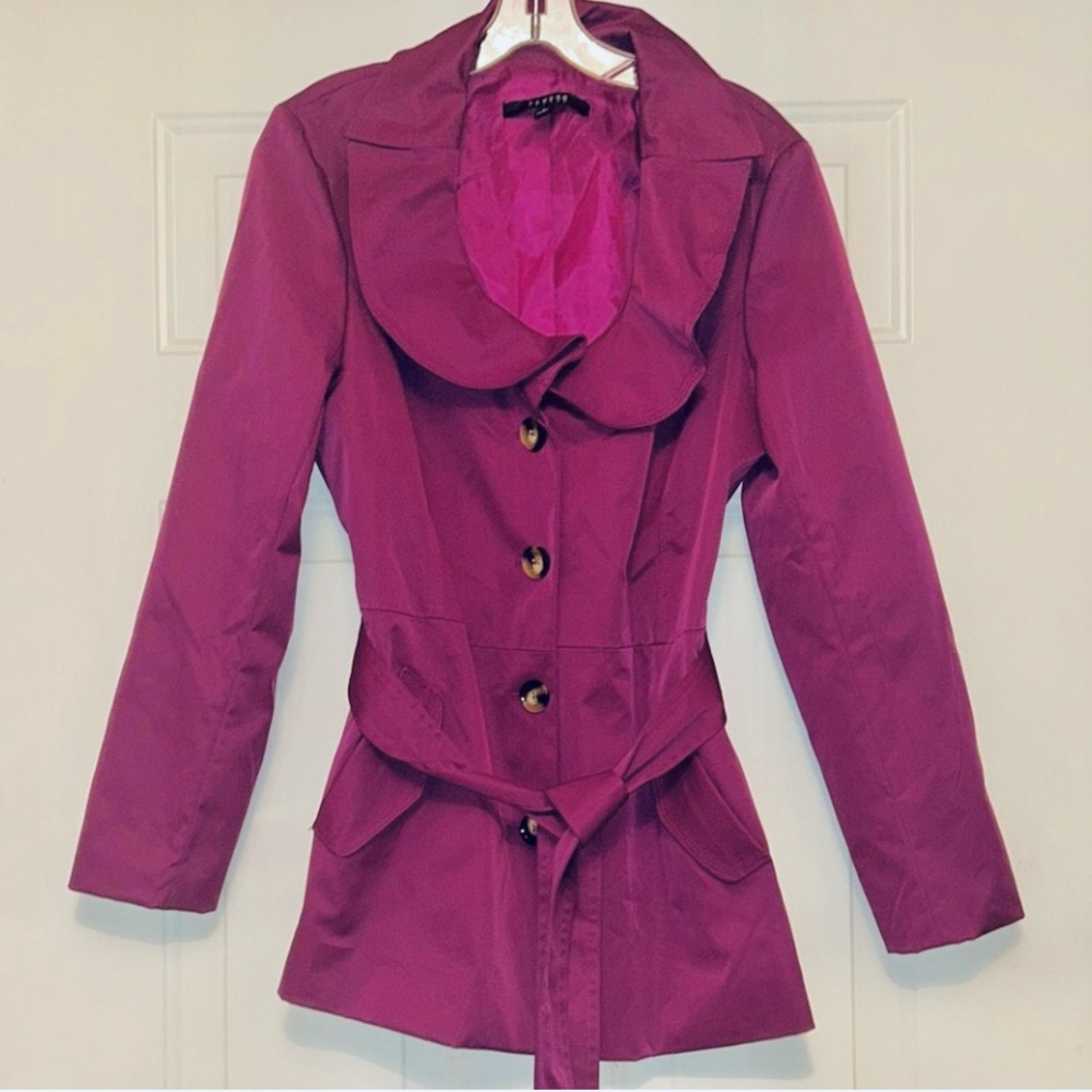 Sandro Studio Women's Belted Short Trench Coat Jacket L Purple Peter Pan Collar
